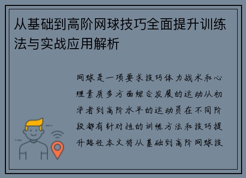 从基础到高阶网球技巧全面提升训练法与实战应用解析